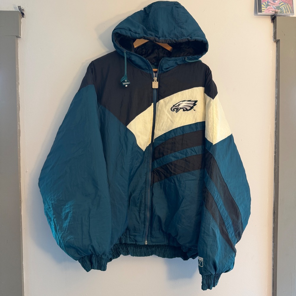 Vintage Philadelphia Eagles Logo 7 Puffer Jacket Mens XL Green Full Zip Hooded